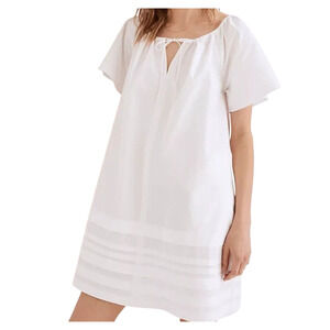 Madewell Poplin Flutter Sleeve Pintuck Mini Dress White Cotton Tie Neck XS